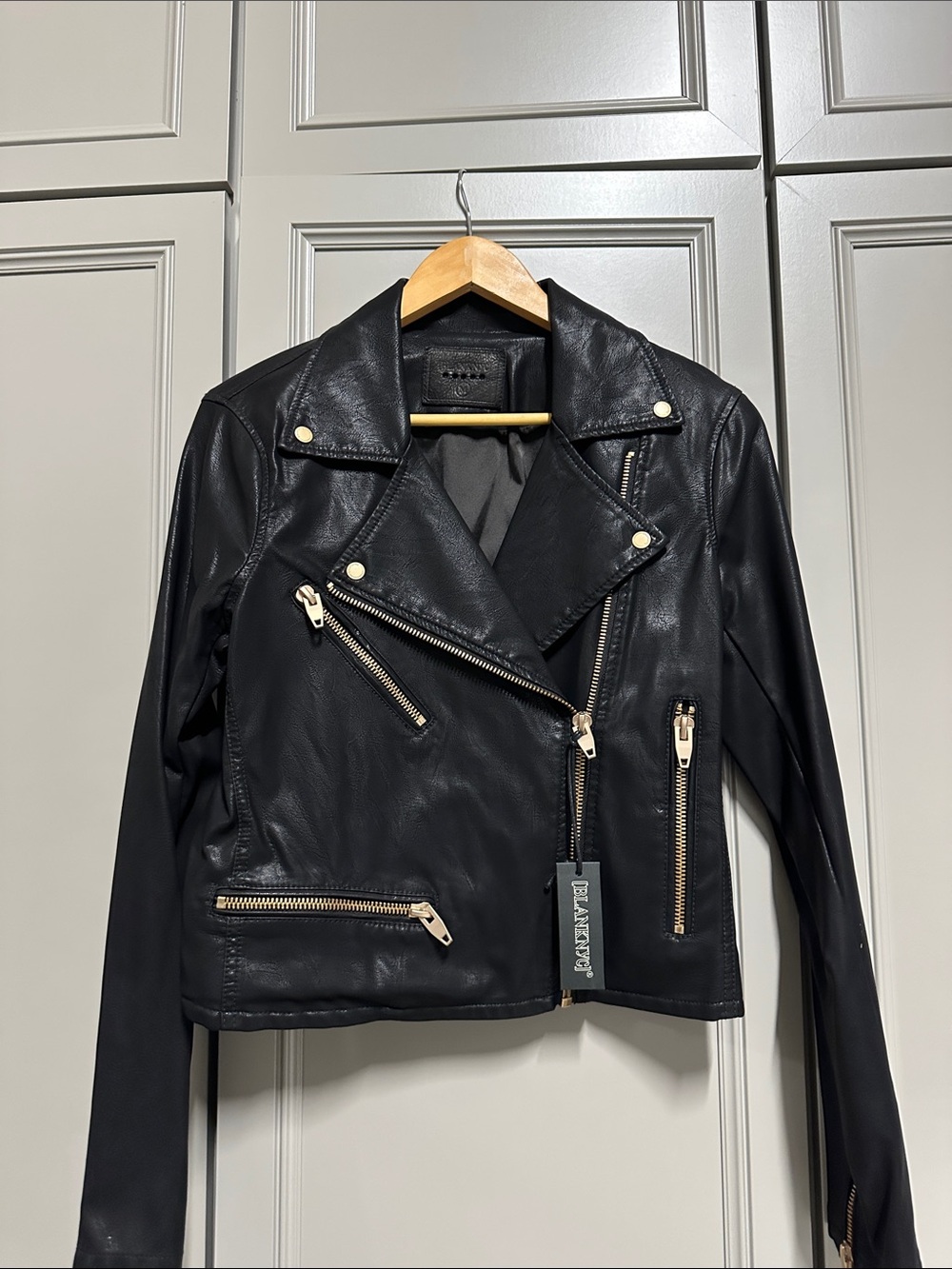 Blank NYC Black Faux Leather Moto Jacket with Gold Zippers